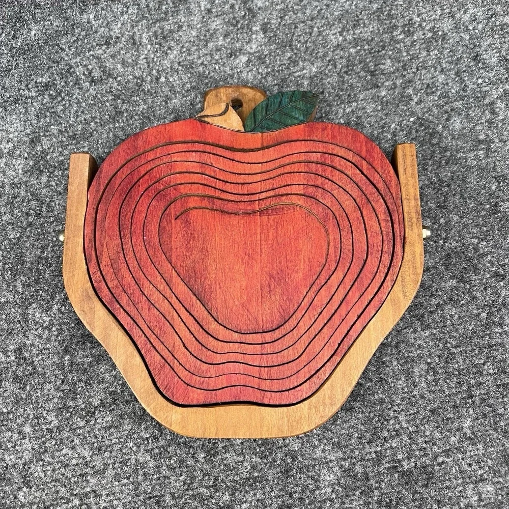 Folding Wooden Red Apple Shaped Fruit Bowl Basket Trivet Collapsible Standing
